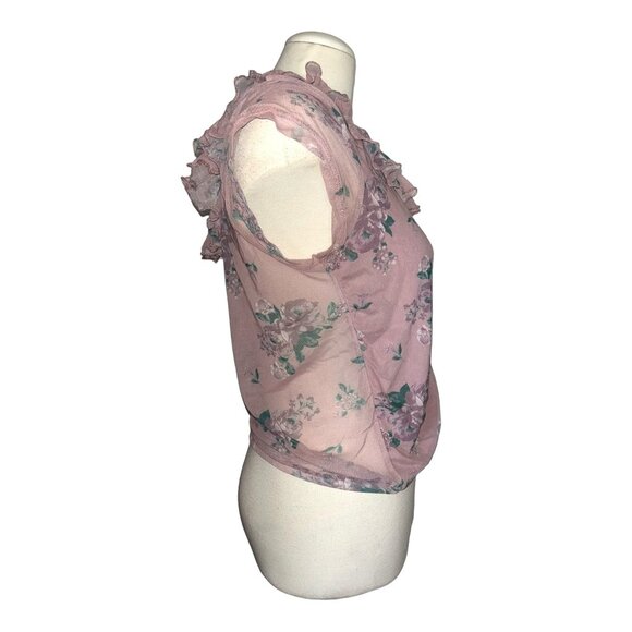 Almost Famous Sheer Floral Ruched Front Shirt Sz XL Womens Pink - Picture 5 of 5